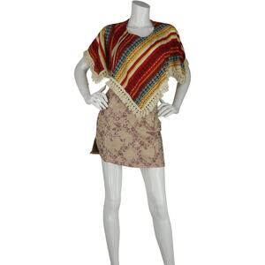 70s Vintage Aztec Tribal Hippie Festival Poncho Cape Crop Top Shirt Junior